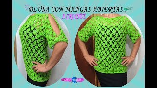 BLUSA CON MANGAS ABIERTAS A CROCHET  Labores Angélika [upl. by Ahsinnod356]