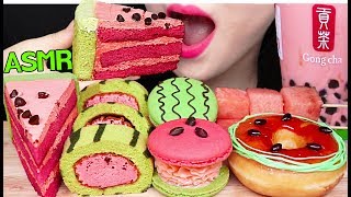 ASMR WATERMELON CAKE MACARON BUBBLE TEA DONUTS 수박 케이크 마카롱 버블티 도너츠 먹방 EATING SOUNDS [upl. by Okihcim585]