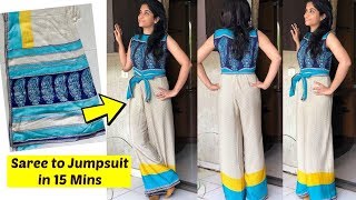 Make a Jumpsuit from Old Saree in 15 Minutes  Recycle Old Sarees  stayathome DIY [upl. by Onailerua]