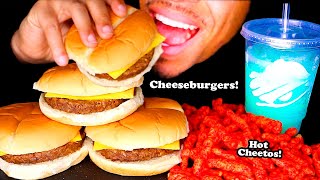 CHEESEBURGERS  HOT CHEETOS  EATING SHOW  MOUTH SOUNDS  MOUNTAIN DEW FREEZE DRINK NO TALKING [upl. by Haile461]