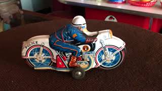 1950s Japanese Tin Police Motorcycle Tin Toy SOLD [upl. by Aniuqahs60]