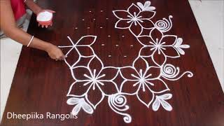 very easy flower rangoli designwith 9x5 dots beautifull pulli kolam latest chukkala muggulu designs [upl. by Neelrac]