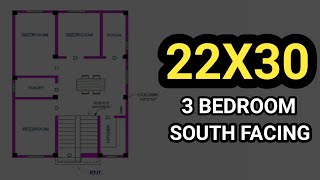 22x30 sqft house plan 3 bedroom  22x30 house plan south facing  22 ft by 30 ft house design [upl. by Inalaehon639]