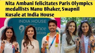 IOC member Nita Ambani felicitated Olympic bronze medalists Manu Bhaker and Swapnil Kusale in Paris [upl. by Ydissahc831]