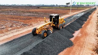 Grader Making Road By Komatsu Grader Spreading Gravel  Grader Building Village Roads Driving Skills [upl. by Pammie]