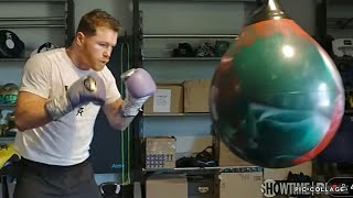 CANELO DESTROYS HEAVY BAG TRAINING FOR JERMELL CHARLO WHILE LISTENING TO PESO PLUMA [upl. by Welsh]