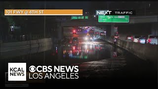 Flooded water closes a portion of the southbound 101 Freeway in Boyle Heights [upl. by Niroht]