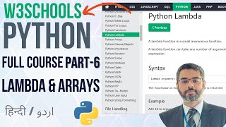 W3Schools Python Full Course in Hindi  Lambda amp Arrays in Python  Python for Beginners Part6 [upl. by Milstone]