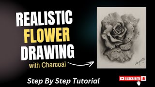 How to draw realistic flower drawing with charcoal  Step by step tutorial  Full Explanation [upl. by Noseaj]