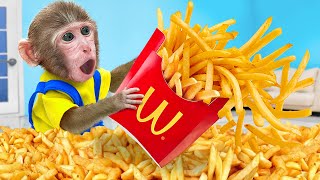 KiKi Monkey perform French Fries Potatoes Fast Food cooking skill to mukbang  KUDO ANIMAL KIKI [upl. by Heise]