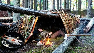 Building a Shelter Under a Tree 3 Day AUTUMN Camping Catch amp Cook [upl. by Eduino]