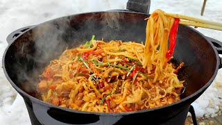 WOK  УДОН С КУРИЦЕЙ И ОВОЩАМИ  в соусе терияки  готовим в казане на открытом огне [upl. by Sherborne]