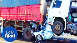 Motorist found ALIVE after being crushed between two trucks [upl. by Lavro]