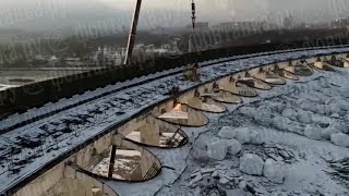 Dramatic video shows Russia stadium collapse with worker on roof [upl. by Eadahs]