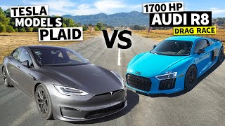 THIS vs PLAID 1700hp Twin Turbo V10 Audi R8 vs Tesla Model S Plaid unprepped airstrip Drag Race [upl. by Tallbot]