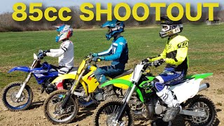 85cc Dirt Bike SHOOTOUT Yamaha YZ 85 vs Suzuki RM 85 vs Kawasaki KX 85  YZ85 RM85 KX85 [upl. by Ahsenid]