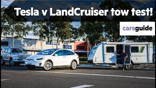 Tesla Model X electric car vs Toyota Land Cruiser 200 Series V8 diesel Towing comparison test [upl. by Esinej]