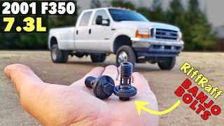 2001 Ford F350 73 Powerstroke  RiffRaff Banjo Bolts Install upgrade for better high fuel flow [upl. by Mariko]