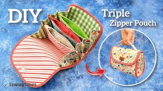 DIY TRIPLE ZIPPER POUCH BAG 💖 Step by Step Tutorial for Travel Organizer Bag [upl. by Donelson]