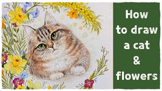 How to draw a cat amp flowers l Norwegian Forest Cat Sitting in a Daffodil Flower Garden [upl. by Nohsal]