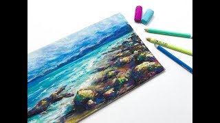 Tutorial  Painting an Ocean and Rocky shore using soft Soft Pastels [upl. by Reyotal]