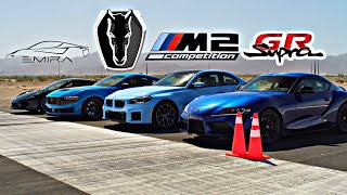 Ultimate DragRace  BMW M2 VS GR Toyota Supra VS Mustang Black Horse VS Lotus Emira dragrace [upl. by Sparhawk]