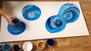 SOLD Funnel Pour on LARGE canvas  Acrylic pouring painting BLUE  GOLD  24K GOLD Decoart [upl. by Ahsataj]