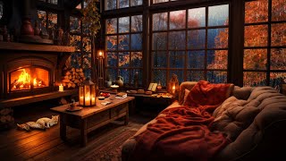 Rainy Autumn Day with Crackling Fireplace in a Cozy Hut Ambience  Relax Sleep or Study [upl. by Lotsirk]