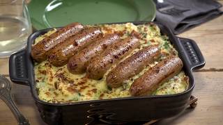 Vegetarian Recipe Cumberland Sausages with Baked Seasonal Colcannon [upl. by Esorlatsyrc]