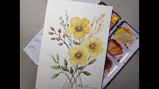 Easy WATERCOLOR Yellow Flowers [upl. by Sices]