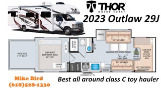 A look into the 2023 Thor Outlaw 29J class C toy hauler Will it fit 2 motorcycles [upl. by Ahsilac]