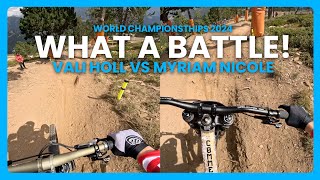 GoPro WHAT A BATTLE  1ST vs 2ND  2024 DH MTB World Champs FINALS  Vali Holl vs Myriam Nicole [upl. by Kenrick]