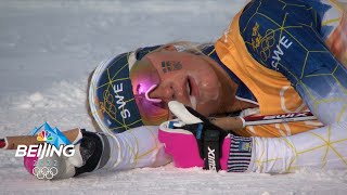 Crosscountry carnage Exhausted skiers biathletes collapse at finish line  2022 Winter Olympics [upl. by Teevens298]