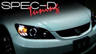 SPECDTUNING INSTALLATION VIDEO 20042005 HONDA CIVIC HEAD LIGHTS  PROJECTOR HEAD LIGHTS [upl. by Munmro229]