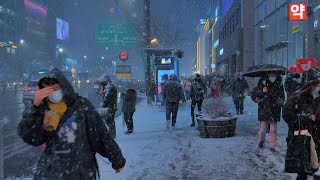 4K 2022 First heavy snow in Gangnam Seoul Walking in Blizzard  Quitting time Rush hour Korea [upl. by Niram]