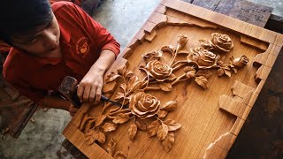 Rose Wood Carving How to make a Flowers Wooden Painting  Wall Art [upl. by Hsaka]