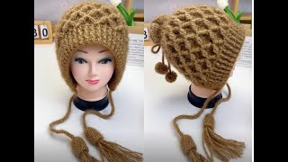 Beautiful Grid pattern tassel hat warn beain hat tutorial [upl. by Illom]