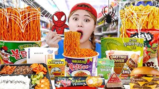 Mukbang Spiders web Spicy Noodles Convenience Store Food by HIU 하이유 [upl. by Saundra]