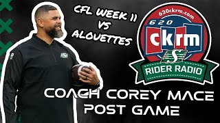 RIDER RADIO Saskatchewan Roughriders Coach Corey Mace Exclusive Post Game Interview CFL Week 11 [upl. by Atinrehs]