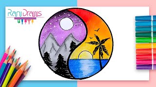 Cómo dibujar un PAISAJE DÍA Y NOCHE con lápices de colores  ideas de dibujos fáciles [upl. by Yorke]