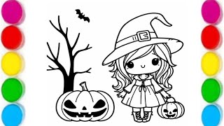 Cute Halloween Girl Drawing for kids Painting amp Coloring for kids amp toddlers Lets Draw Together [upl. by Eissat]