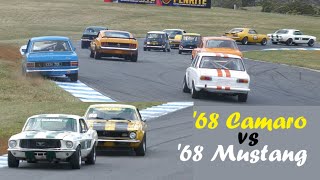 Great battle 68 Camaro vs 68 Mustang Group N Historic Touring cars Race 4 Baskerville Historics 2024 [upl. by Akilaz]