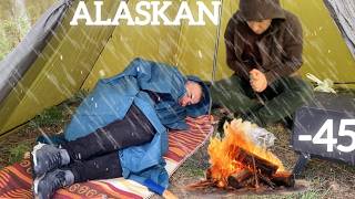 EXTREME 45° Solo Camping 4 Days  Snowstorm amp Hot Tent Winter Camping In Deep Snow  ASMR [upl. by Ahtoelc]