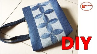 DIY LARGE UNIQUE DENIM TOTE BAG SEWING TUTORIAL  TOTE BAG MAKING AT HOME [upl. by Ardnauqal]