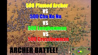 Battle Of The Archers  500 Plumed Archers VS 500 Cho Ko Nu VS 500 Longbowman VS 500 Crossbowman [upl. by Alejandrina891]