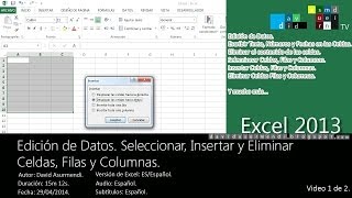 Curso Excel 2013 Edición de Datos Seleccionar Insertar y Eliminar Celdas Filas y Columnas 12 [upl. by Calv]