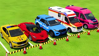 DACIA FERRARI FORD VOLKSWAGEN POLICE CARS amp MERCEDES AMBULANCE EMERGENCY CAR TRANSPORTING  FS22 [upl. by Sidnee655]