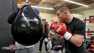 CANELO ALVAREZ KILLS THE HEAVY BAG LOOKS FEROCIOUS amp WORKS ON HEAD MOVEMENT FOR CHAVEZ JR FIGHT [upl. by Zenitram]