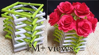 paper flower vase making paper flower pot DIY flower potDIY flower vase [upl. by Lama]