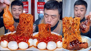 mukbang food  Eating Frying Noodles With Chili And Small fried chicken thighs amp Egg [upl. by Yennej]